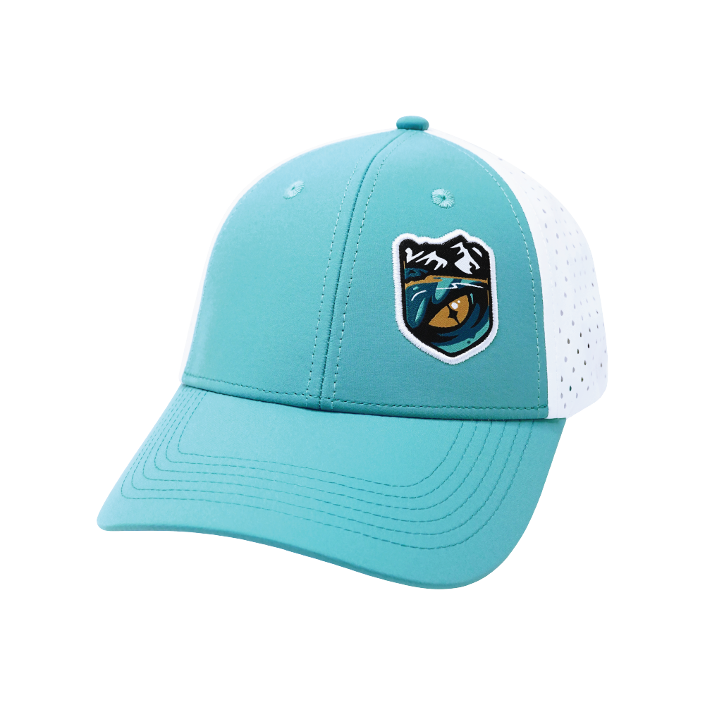 Custom - 6 Panel - Shallow Fit - Neon Blue Green / White - Laser Mesh (Unisex)
