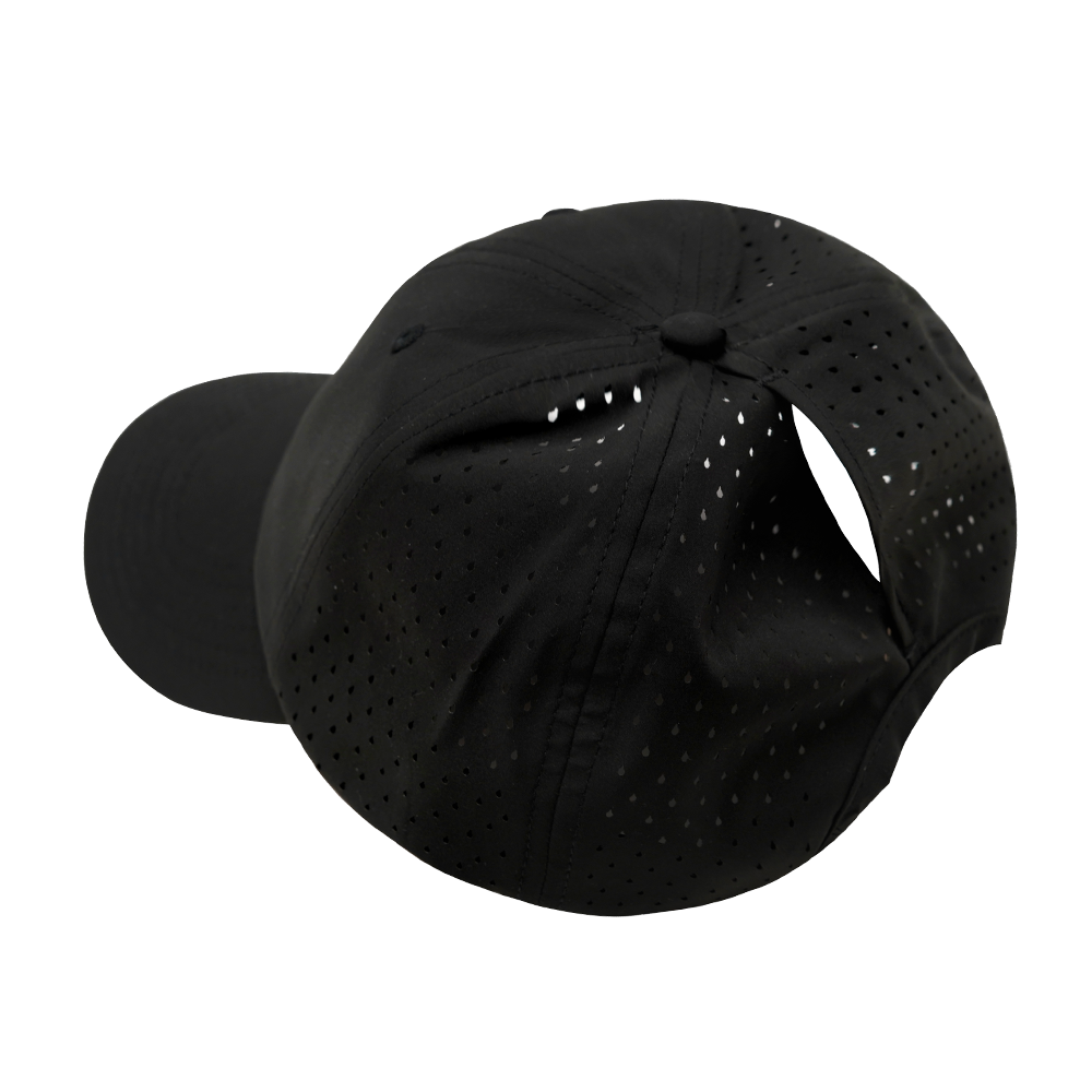 6 Panel - Unstructured - Relaxed Fit - Pony Tail - Black - Laser Mesh (Unisex)