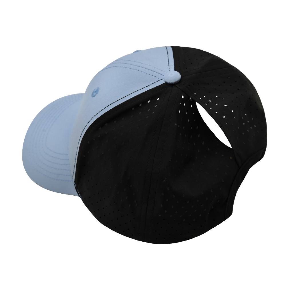 6 panel - Shallow Fit - Pony Tail - Baby Blue / Black - Laser Mesh (Unisex)