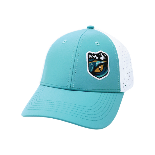 Custom - 6 Panel - Neon Blue Green / White - Laser Mesh (Unisex)