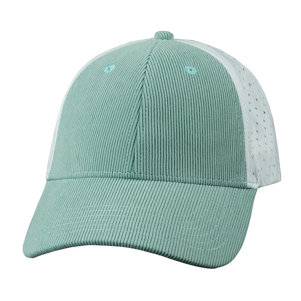 6 Panel - Shallow Fit - Pony Tail - Corduroy - Mint / White - Laser Mesh (Unisex)