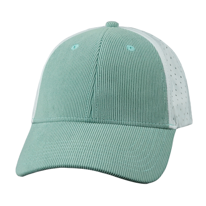 6 Panel - Shallow Fit - Pony Tail - Corduroy - Mint / White - Laser Mesh (Unisex)