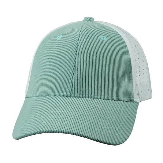 6 Panel - Shallow Fit - Pony Tail - Corduroy - Mint / White - Laser Mesh (Unisex)