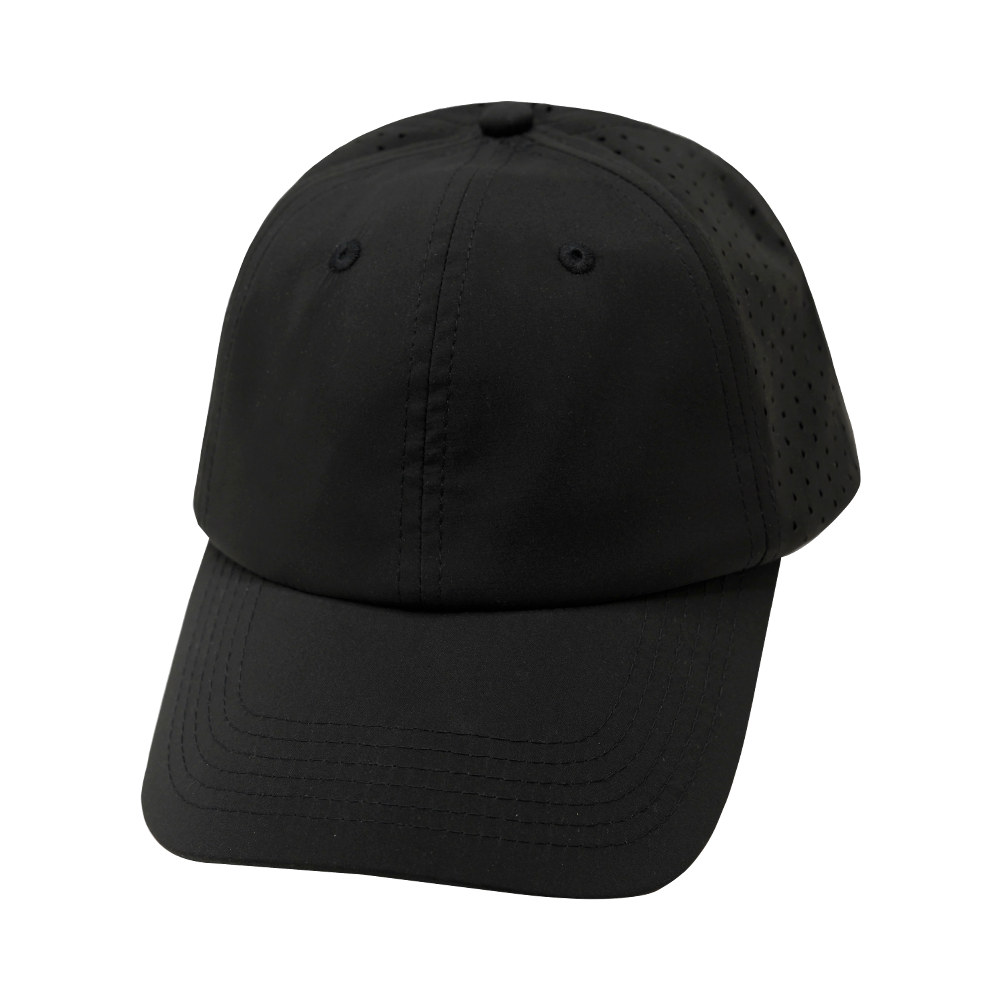 6 Panel - Unstructured - Relaxed Fit - Pony Tail - Black - Laser Mesh (Unisex)