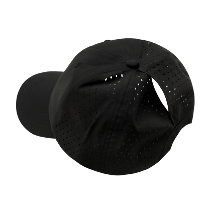 6 Panel - Unstructured - Relaxed Fit - Pony Tail - Black - Laser Mesh (Unisex)