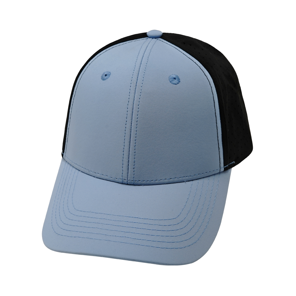 6 panel - Shallow Fit - Pony Tail - Baby Blue / Black - Laser Mesh (Unisex)