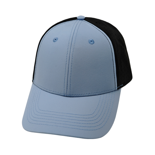 6 panel - Shallow Fit - Pony Tail - Baby Blue / Black - Laser Mesh (Unisex)
