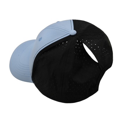 6 panel - Shallow Fit - Pony Tail - Baby Blue / Black - Laser Mesh (Unisex)