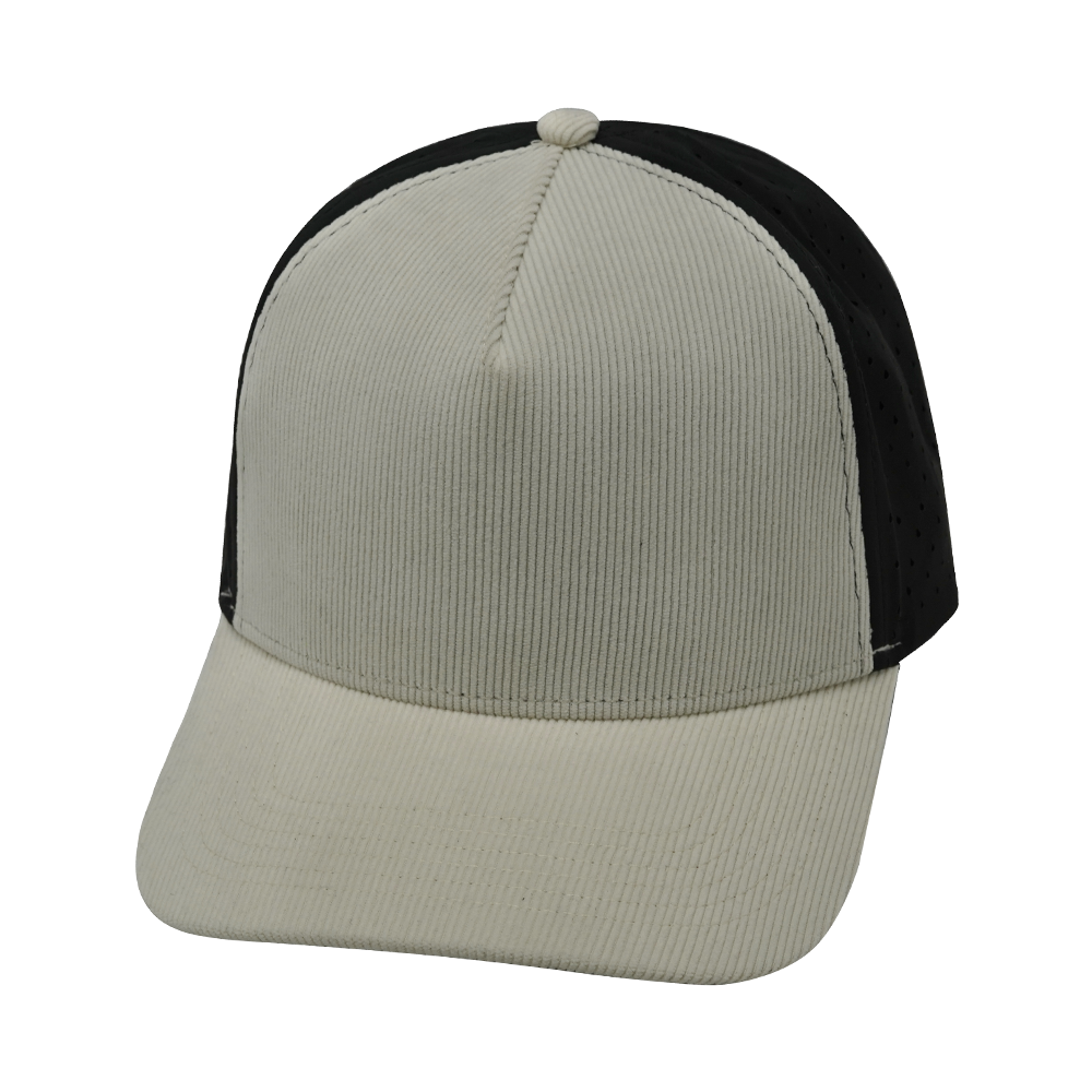 5 Panel - Structured - Corduroy - Cream / Black - Laser Mesh (Unisex)
