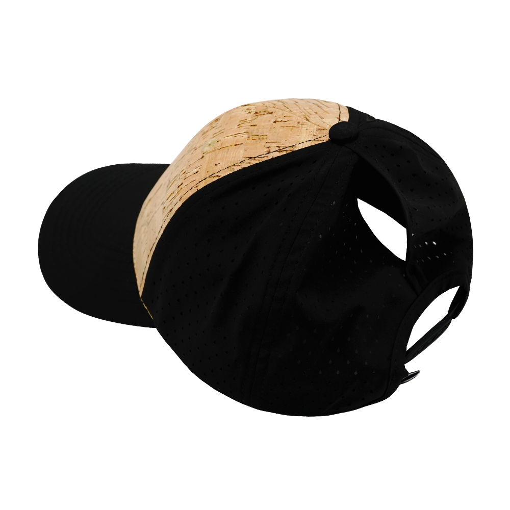 6 Panel - Shallow Fit - Pony Tail - Cork - Black - Laser Mesh (Unisex)