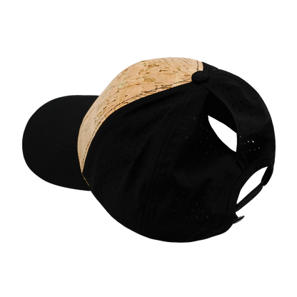 6 Panel - Shallow Fit - Pony Tail - Cork - Black - Laser Mesh (Unisex)