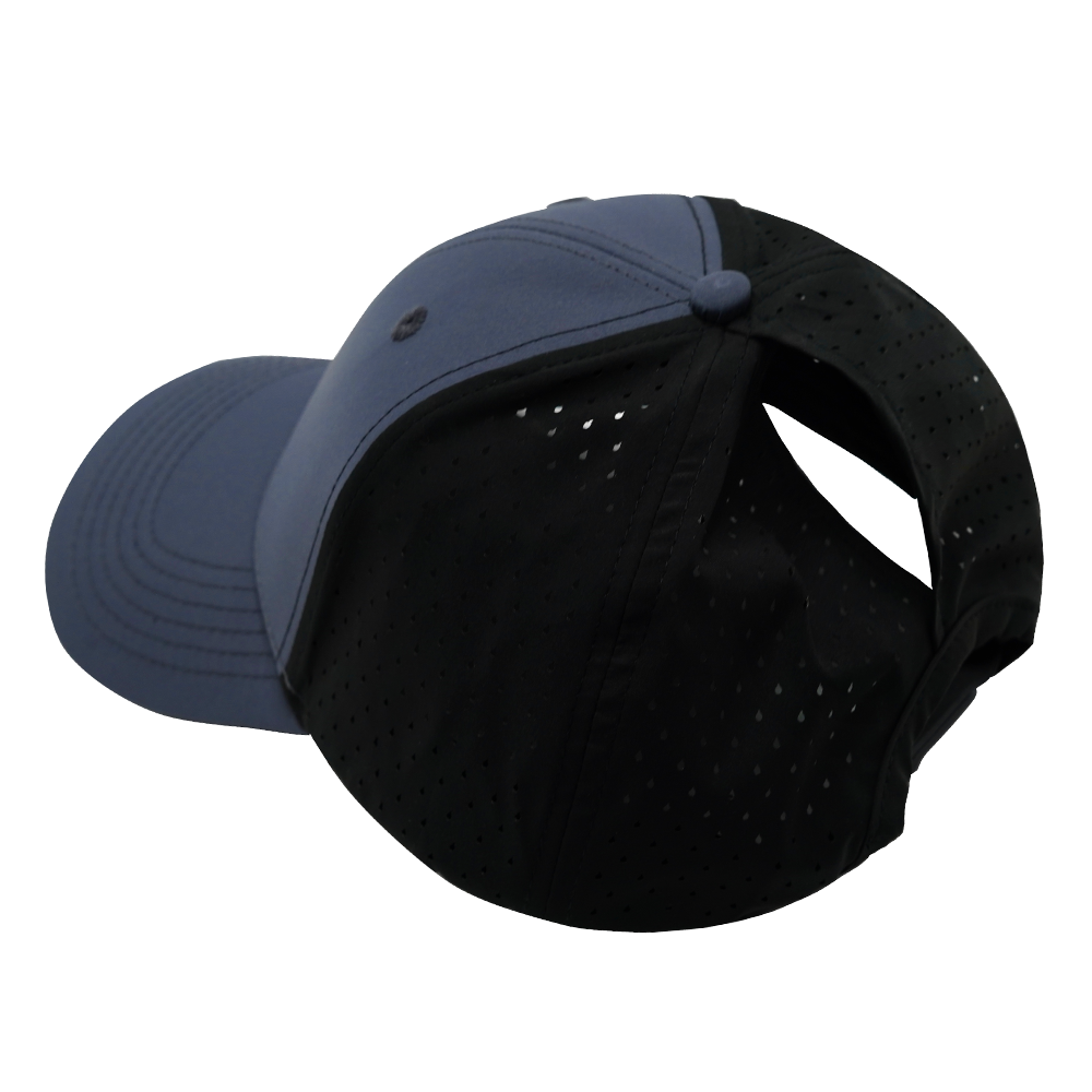 6 Panel - Shallow Fit - Pony Tail - Charcoal / Black - Laser Mesh (Unisex)