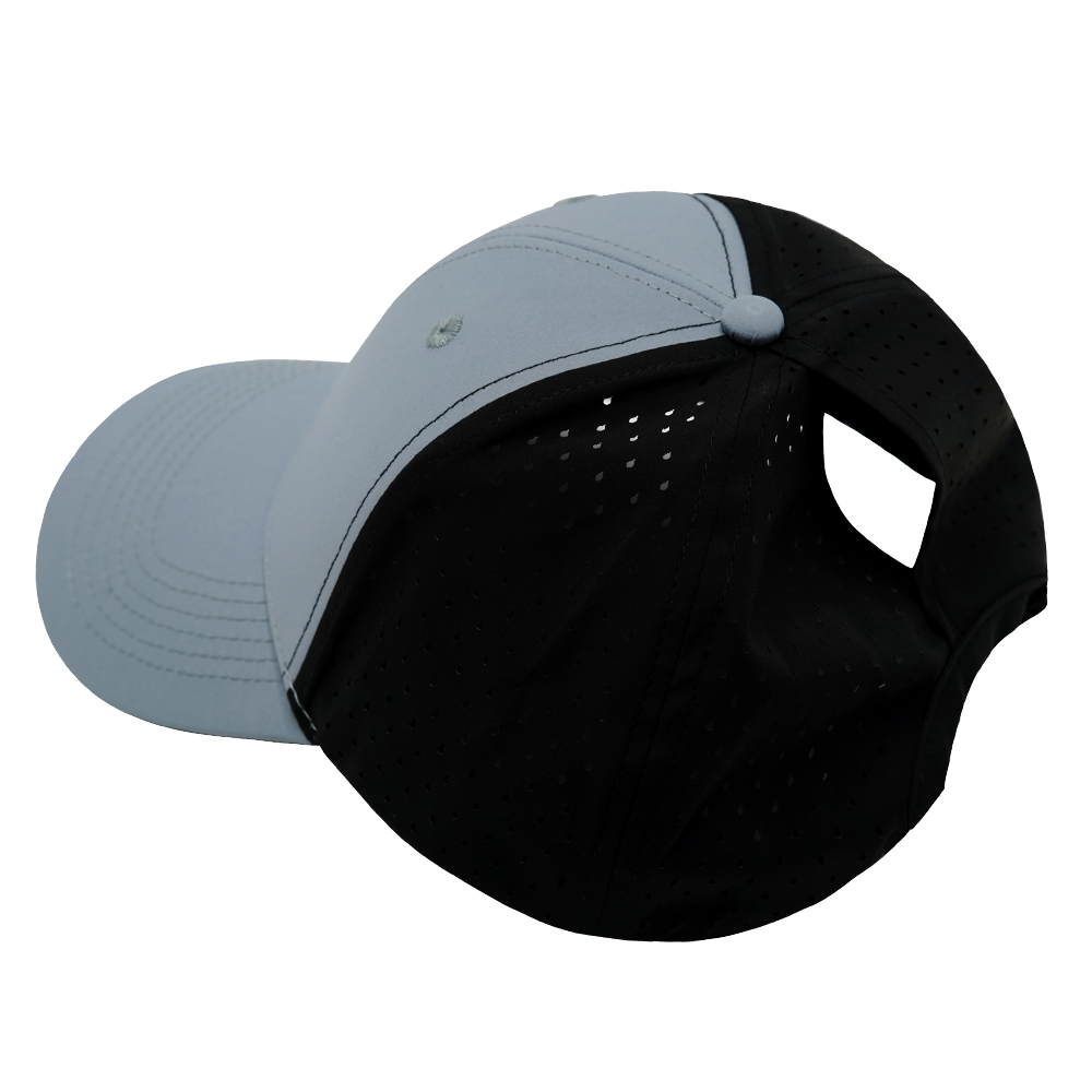 6 Panel - Shallow Fit - Pony Tail - Gray Blue / Black - Laser Mesh (Unisex)