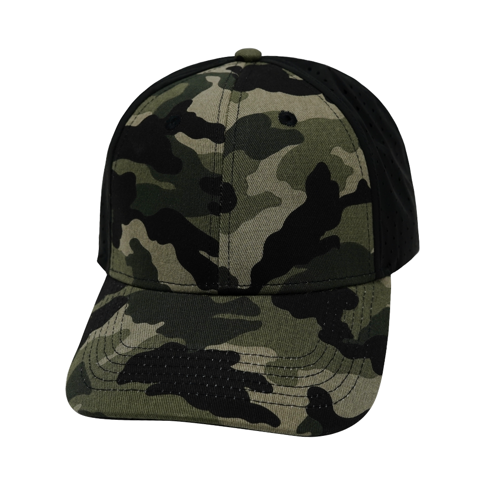 6 Panel - Shallow Fit - Pony Tail - Light Camo / Black - Laser Mesh (Unisex)