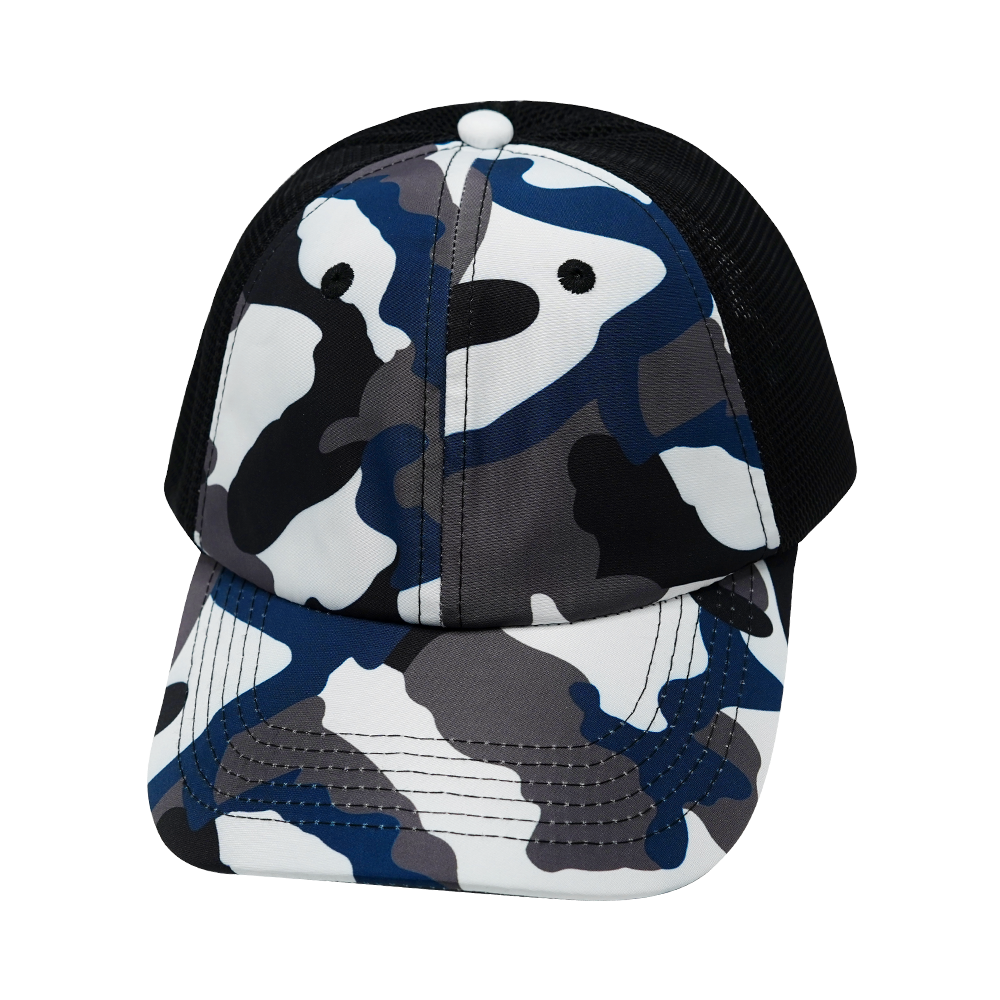 6 Panel - Unstructured - Camo - Cream / Gray / Blue / Black - Soft Trucker Mesh (Unisex)