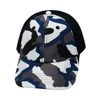 6 Panel - Unstructured - Camo - Cream / Gray / Blue / Black - Soft Trucker Mesh (Unisex)