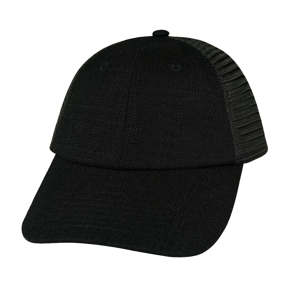 6 Panel - Shallow Fit - Unstructured - Black Hemp / Black - Soft Trucker Mesh (Unisex)