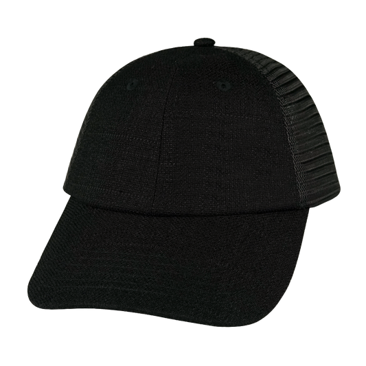 6 Panel - Shallow Fit - Unstructured - Black Hemp / Black - Soft Trucker Mesh (Unisex)