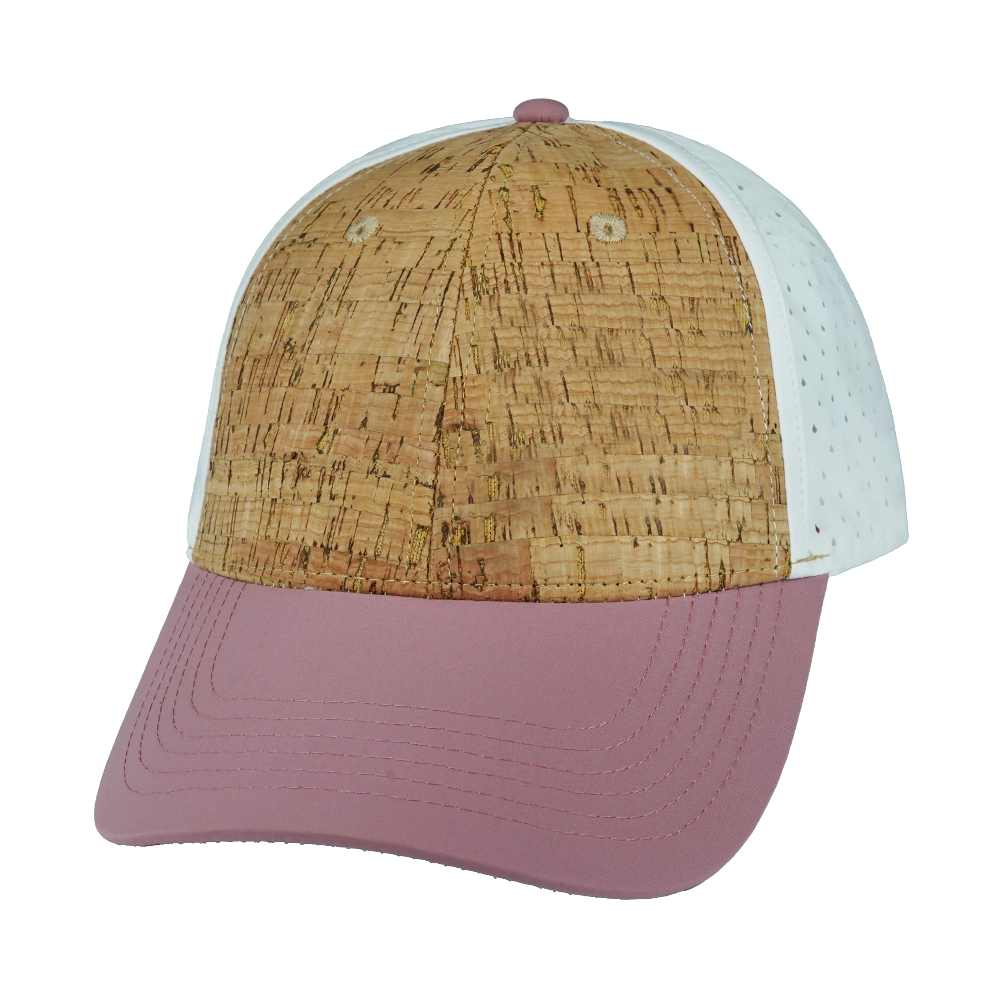 6 Panel - Shallow Fit - Pony Tail - Cork - Dusty Pink / White - Laser Mesh (Unisex)