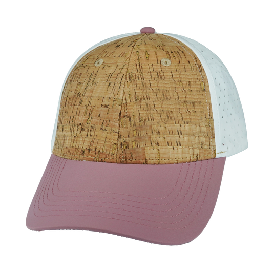 6 Panel - Shallow Fit - Pony Tail - Cork - Dusty Pink / White - Laser Mesh (Unisex)