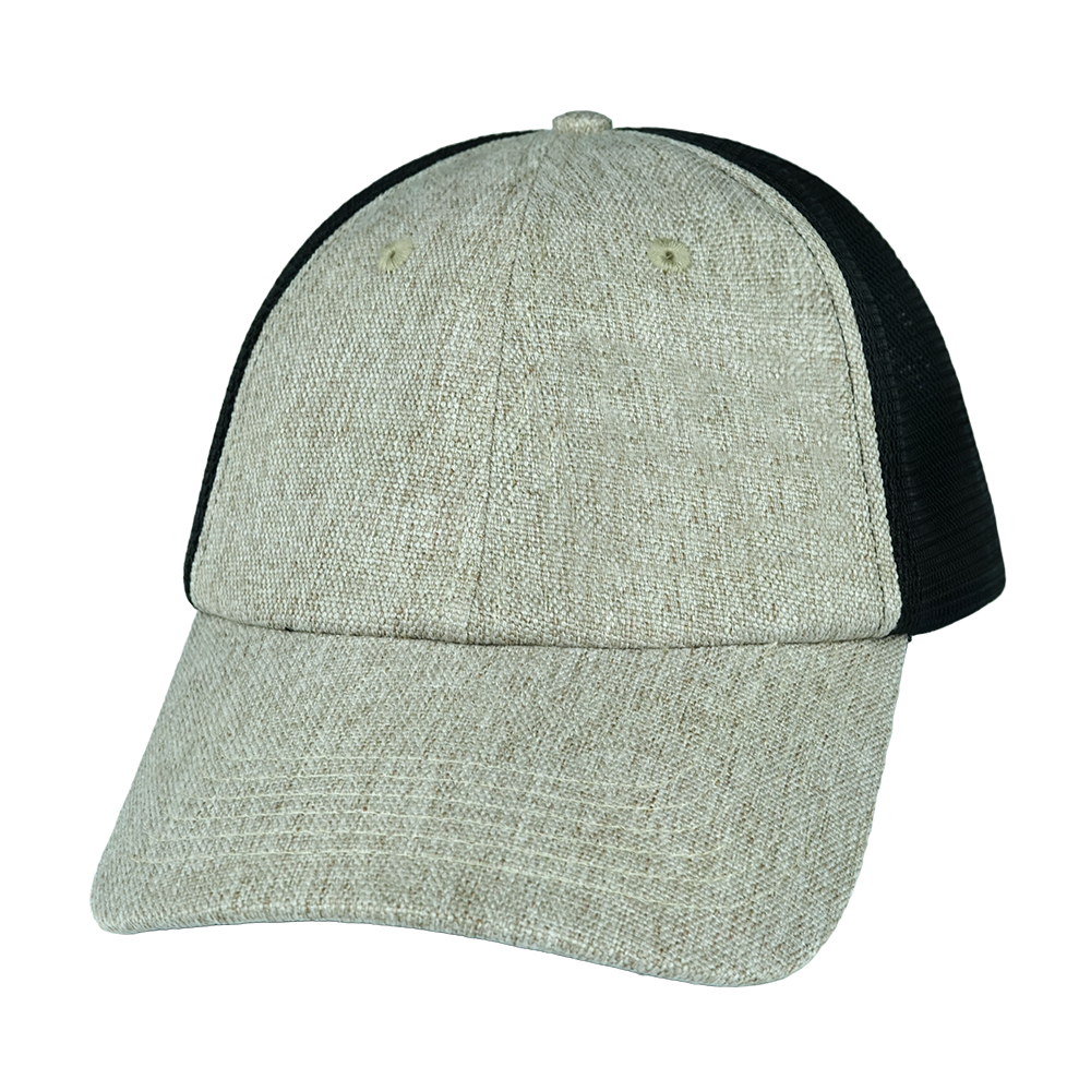 6 Panel - Unstructured - Gray Tan Hemp / Black - Soft Trucker Mesh (Unisex)