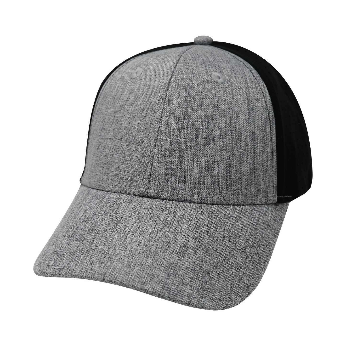 6 Panel - Shallow Fit - Pony Tail - Heather Gray / Black - Laser Mesh (Unisex)
